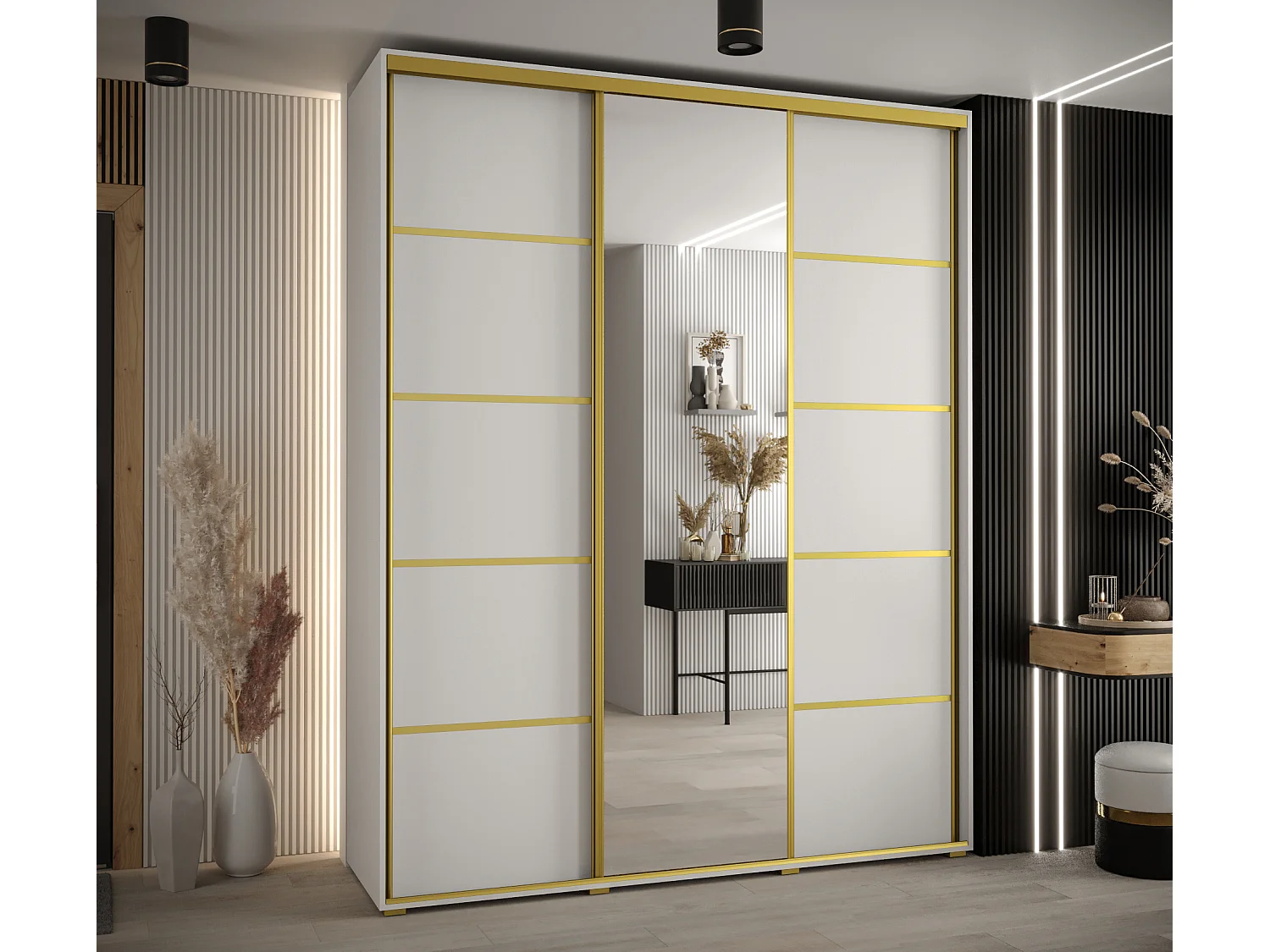 SCHWEBETÜRENSCHRANK DAVOS 5 235,2/190/45 3-türig (Weiß/Weiß/Gold)