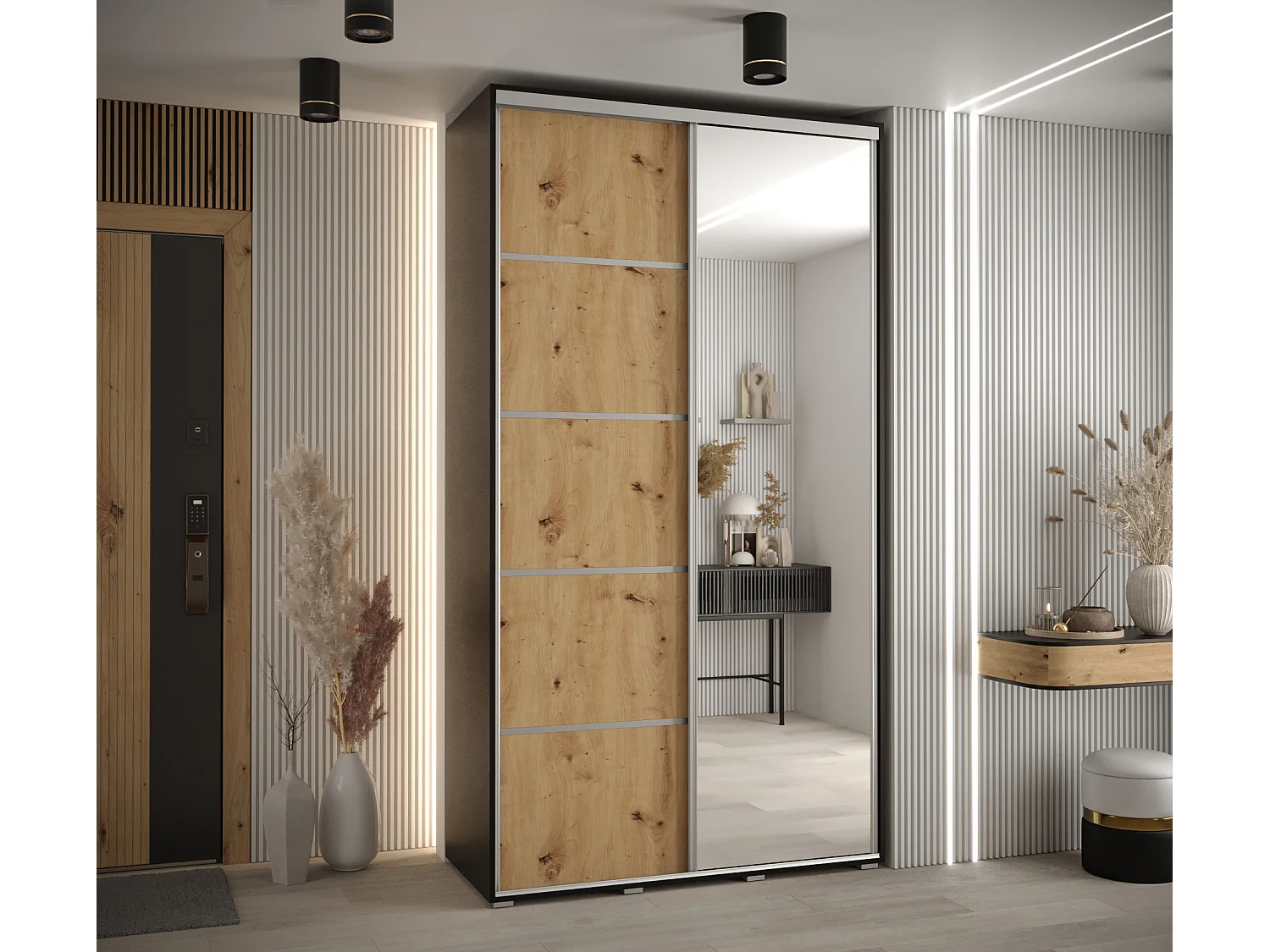 ARMOIRE DAVOS 5 À PORTES COULISSANTES 235,2/130/60 2 portes (Noir/Artisan/Argent)