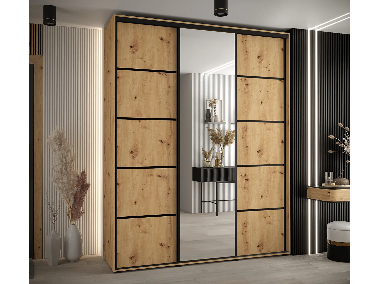 ARMOIRE DAVOS 5 À PORTES COULISSANTES 235,2/190/45 3 portes (Artisan/Artisan/Noir)