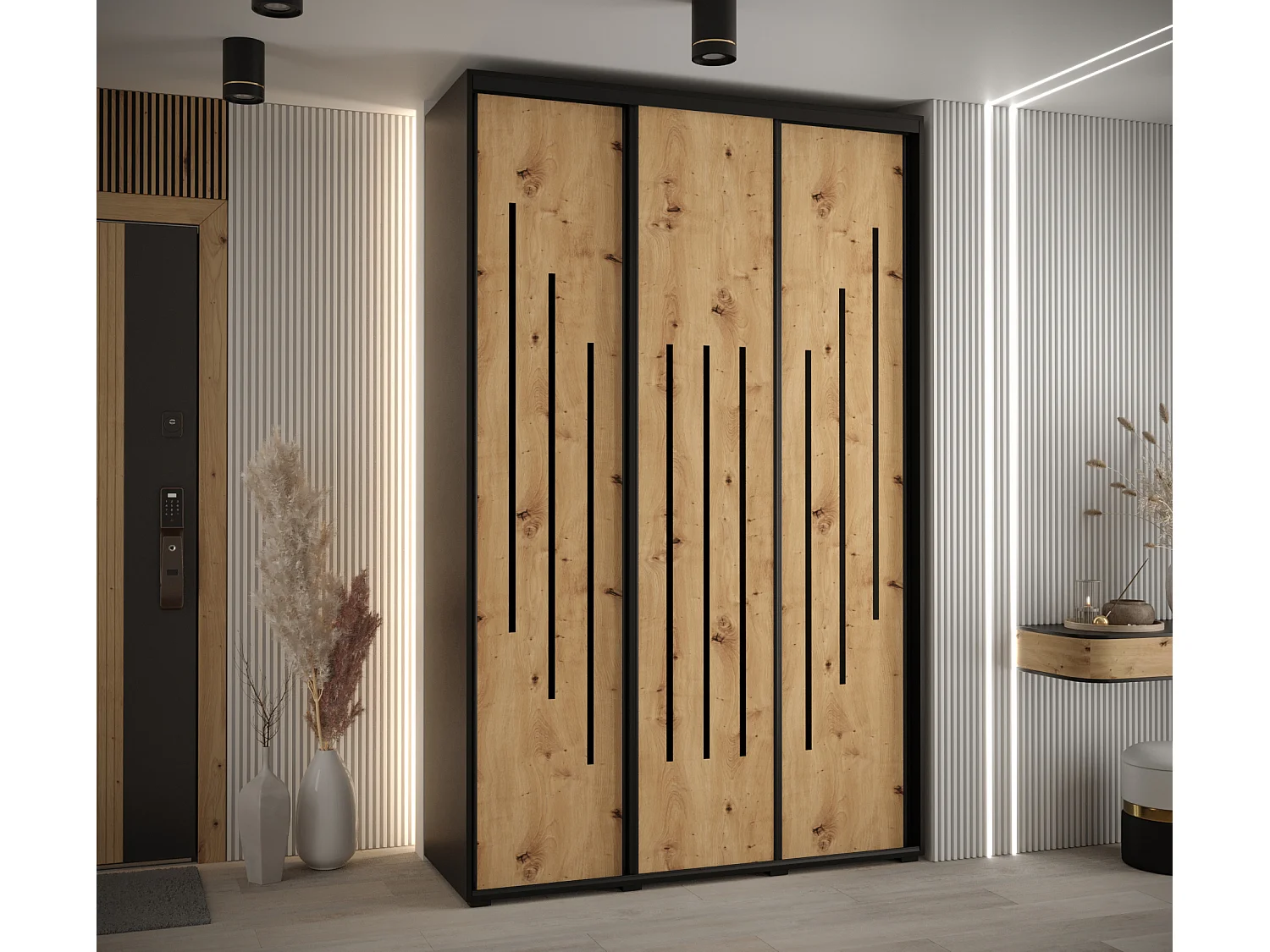 ARMOIRE DAVOS 8 À PORTES COULISSANTES 235,2/150/45 3 portes (Noir/Artisan/Noir)