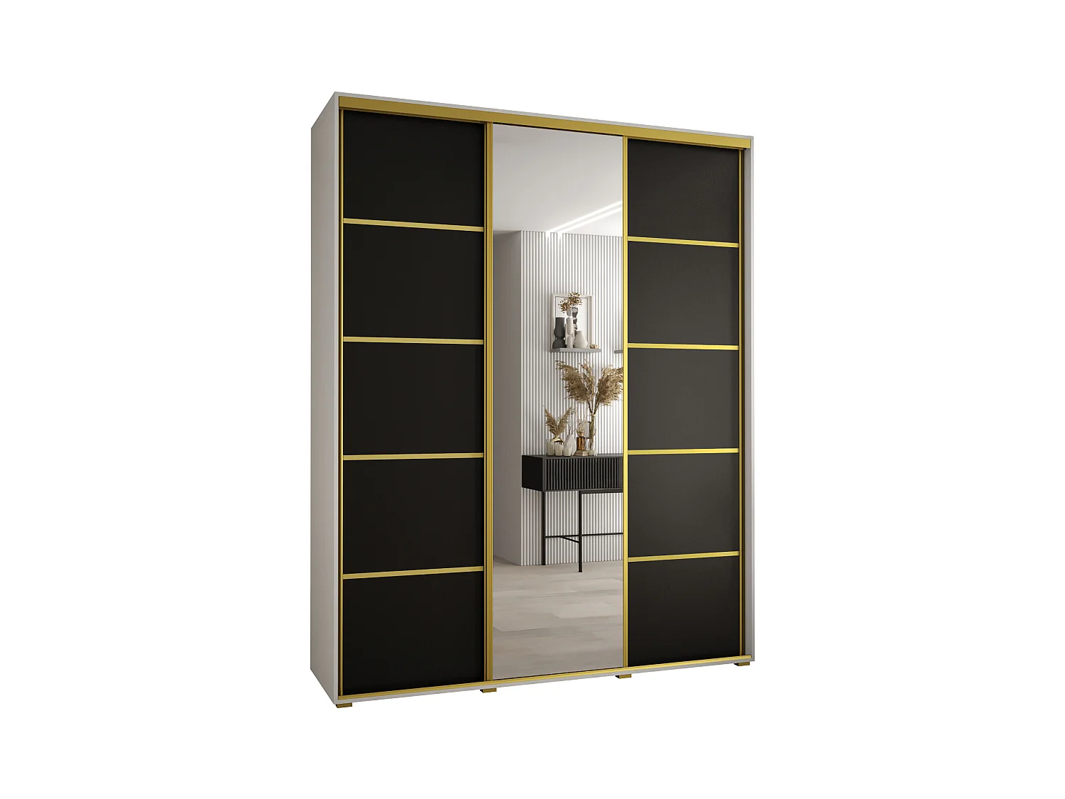 SCHWEBETÜRENSCHRANK DAVOS 5 235,2/200/60 3-türig (Weiß/Schwarz/Gold)