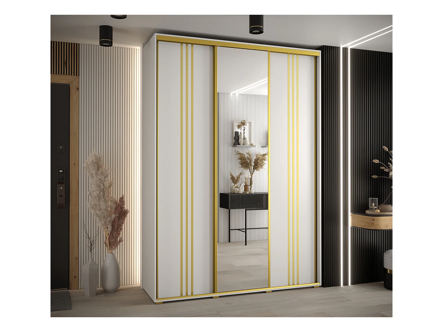 ARMADIO DAVOS 7 AD ANTE SCORREVOLI 235,2/180/60 3 porte (Bianco/Bianco/Oro)