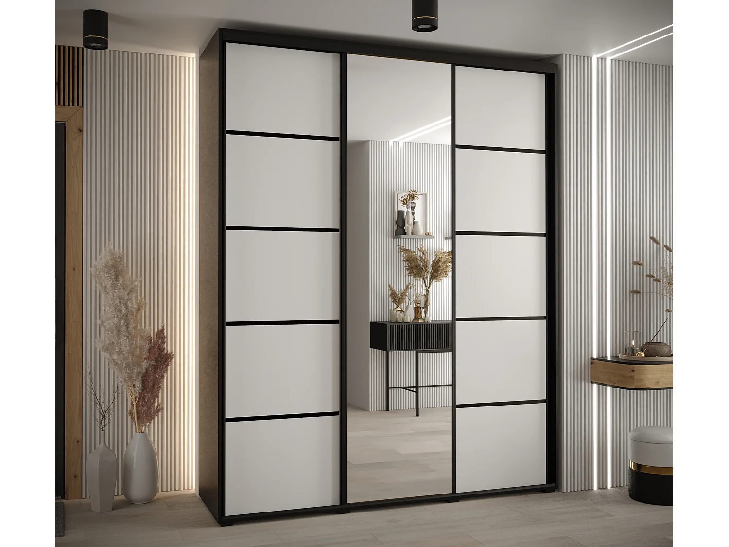 SCHWEBETÜRENSCHRANK DAVOS 5 235,2/190/60 3-türig (Schwarz/Weiß/Schwarz)