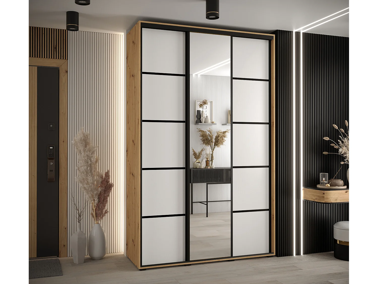 ARMOIRE DAVOS 5 À PORTES COULISSANTES 235,2/160/60 3 portes (Artisan/Blanc/Noir)