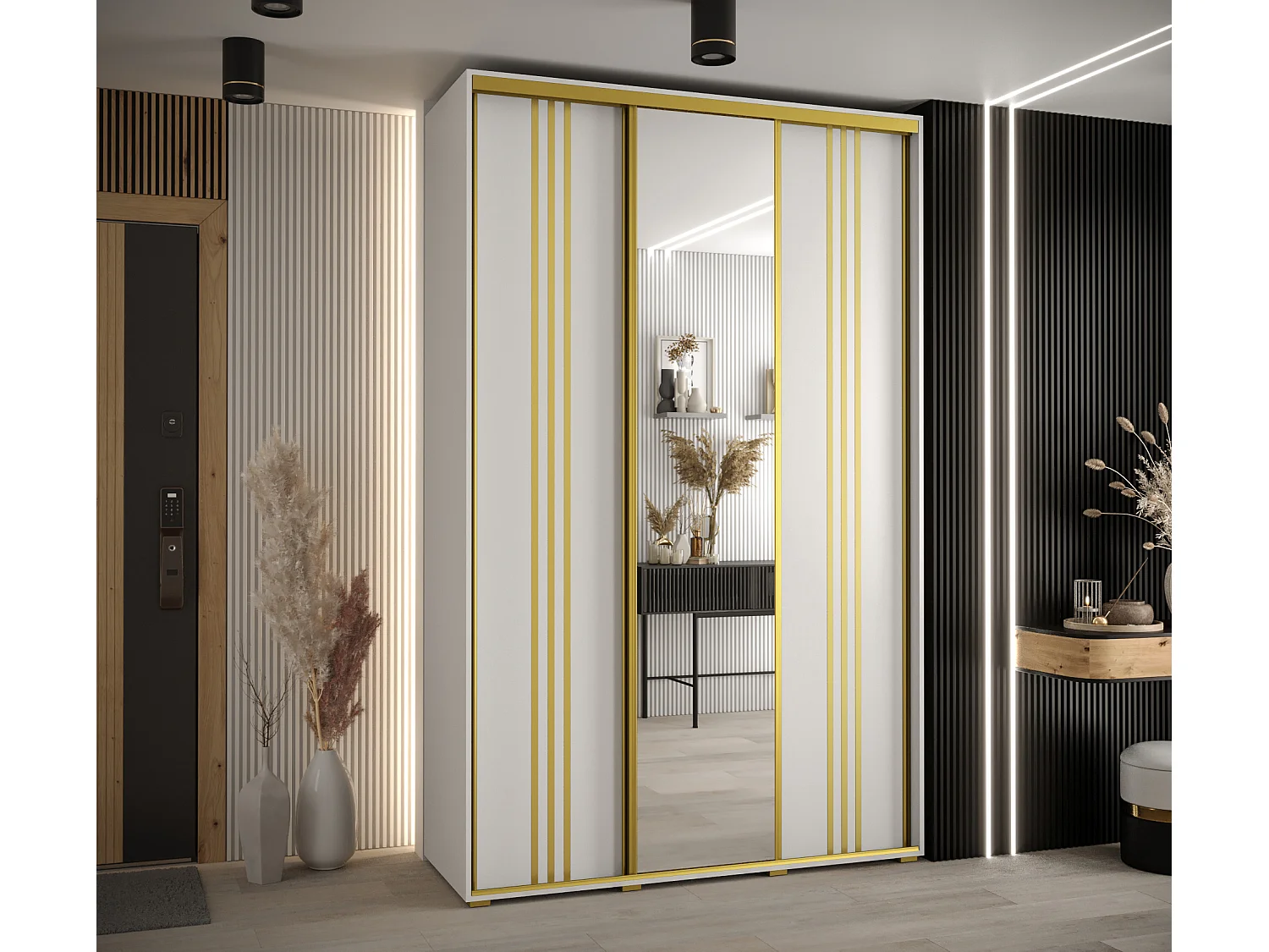 ARMADIO DAVOS 7 AD ANTE SCORREVOLI 235,2/150/45 3 porte (Bianco/Nero/Nero)