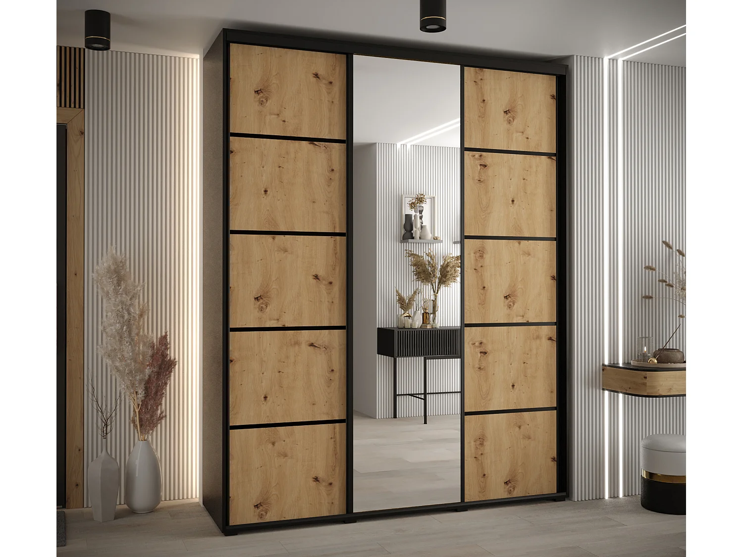ARMOIRE DAVOS 5 À PORTES COULISSANTES 235,2/190/60 3 portes (Noir/Artisan/Noir)