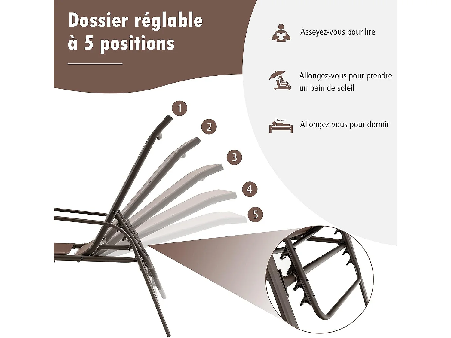 Lot de 2 Chaises longues avec Dossier Réglable, Tissu Respirant, Structure Robuste en Acier, Charge Max 150KG, Marron