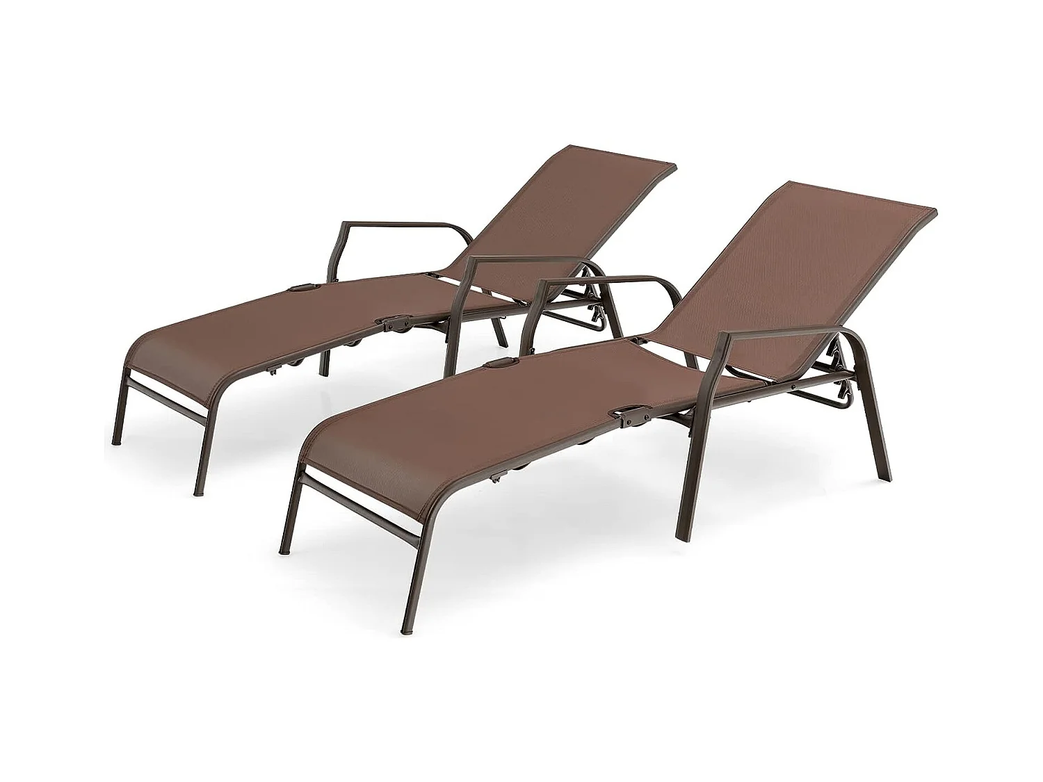 Lot de 2 Chaises longues avec Dossier Réglable, Tissu Respirant, Structure Robuste en Acier, Charge Max 150KG, Marron