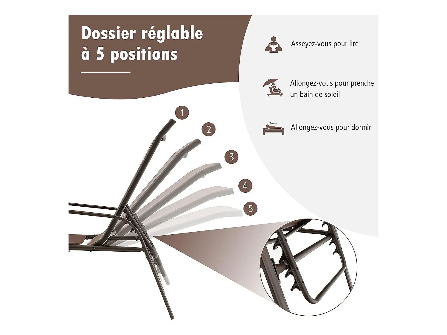 Lot de 2 Chaises longues avec Dossier Réglable, Tissu Respirant, Structure Robuste en Acier, Charge Max 150KG, Marron
