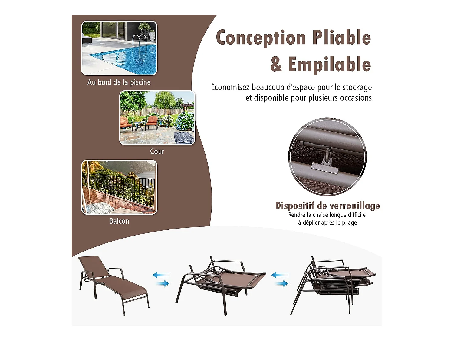 Lot de 2 Chaises longues avec Dossier Réglable, Tissu Respirant, Structure Robuste en Acier, Charge Max 150KG, Marron