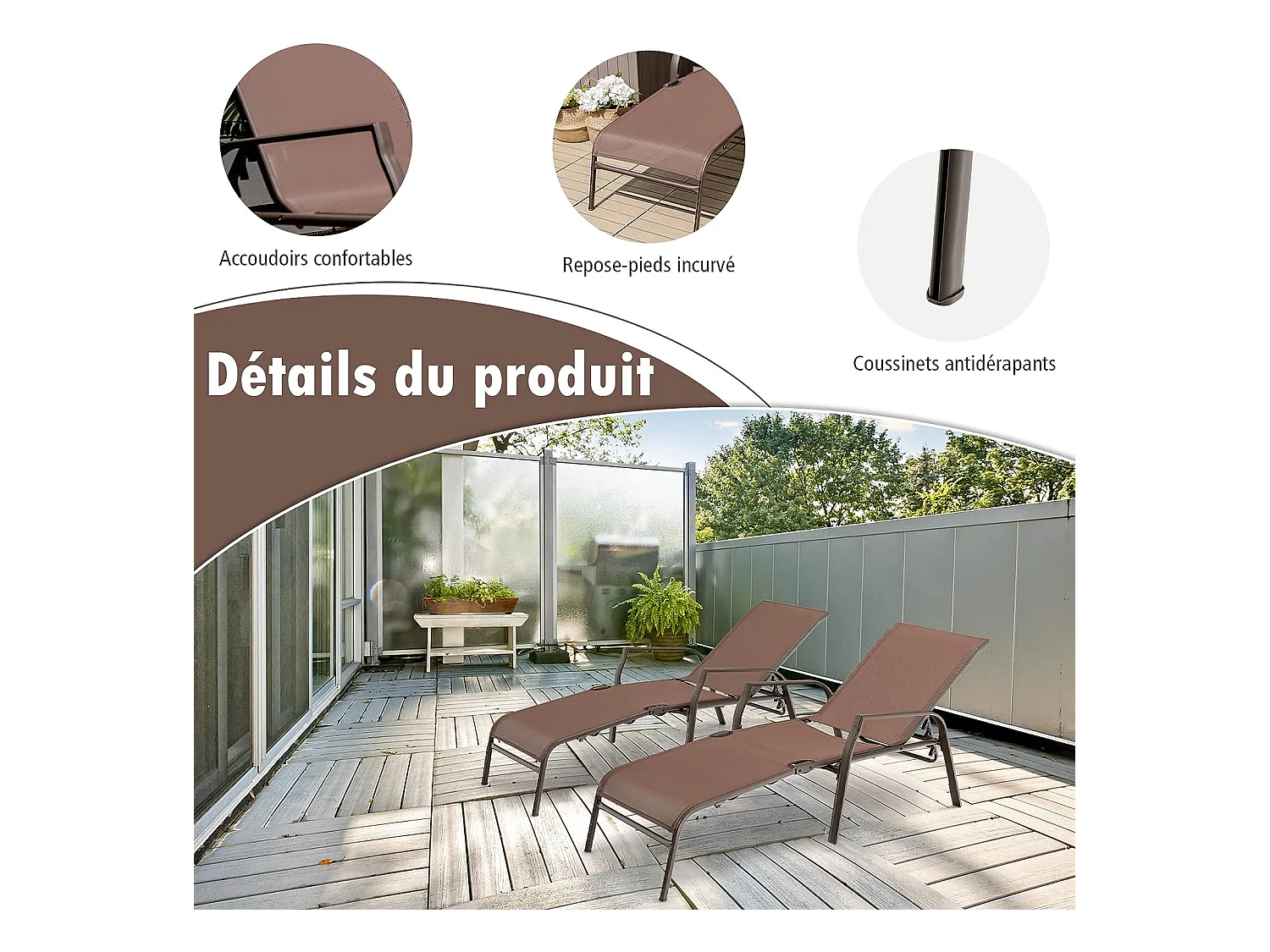 Lot de 2 Chaises longues avec Dossier Réglable, Tissu Respirant, Structure Robuste en Acier, Charge Max 150KG, Marron