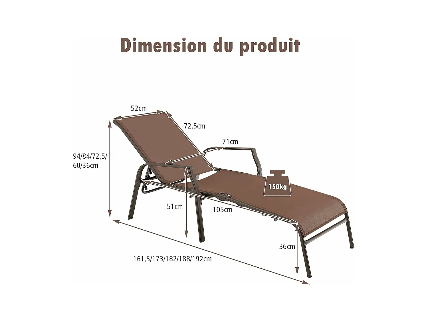 Lot de 2 Chaises longues avec Dossier Réglable, Tissu Respirant, Structure Robuste en Acier, Charge Max 150KG, Marron