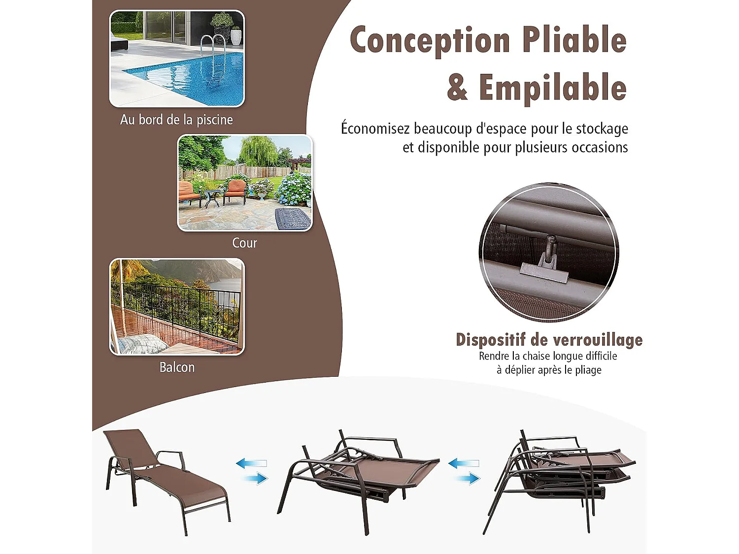 Lot de 2 Chaises longues avec Dossier Réglable, Tissu Respirant, Structure Robuste en Acier, Charge Max 150KG, Marron