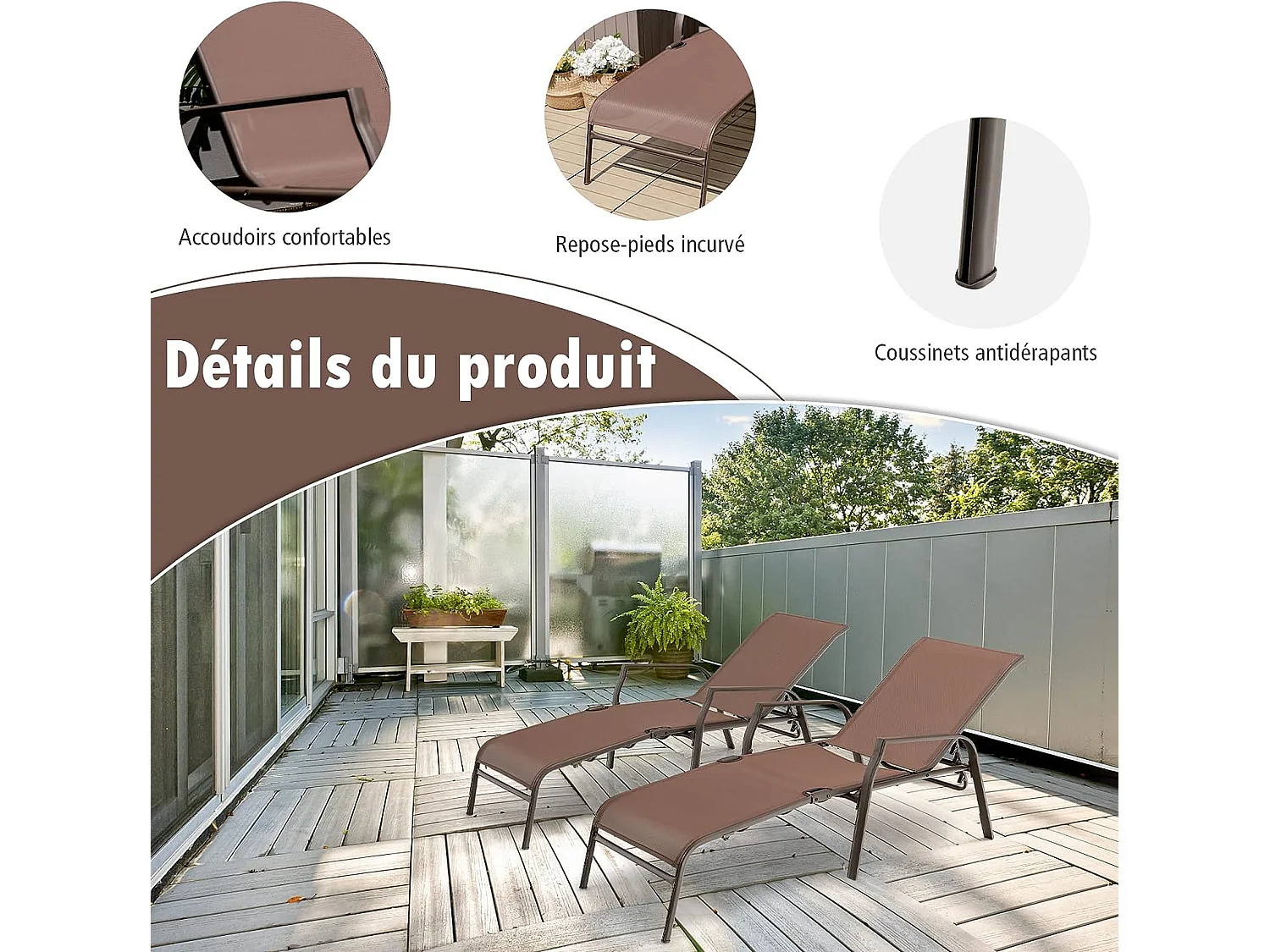 Lot de 2 Chaises longues avec Dossier Réglable, Tissu Respirant, Structure Robuste en Acier, Charge Max 150KG, Marron