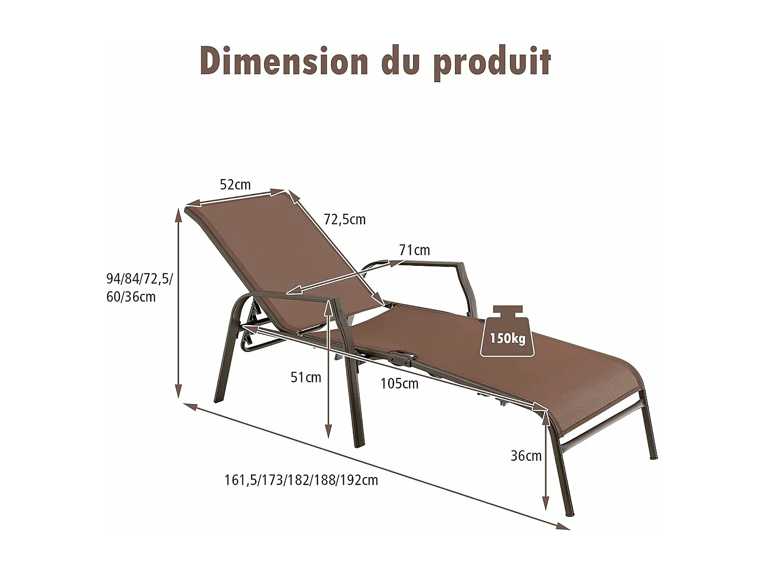 Lot de 2 Chaises longues avec Dossier Réglable, Tissu Respirant, Structure Robuste en Acier, Charge Max 150KG, Marron