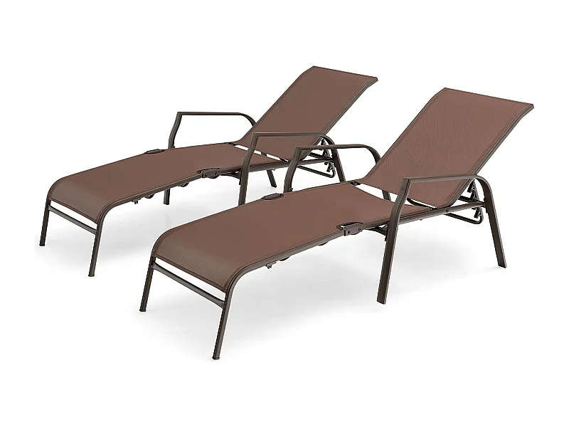 Lot de 2 Chaises longues avec Dossier Réglable, Tissu Respirant, Structure Robuste en Acier, Charge Max 150KG, Marron