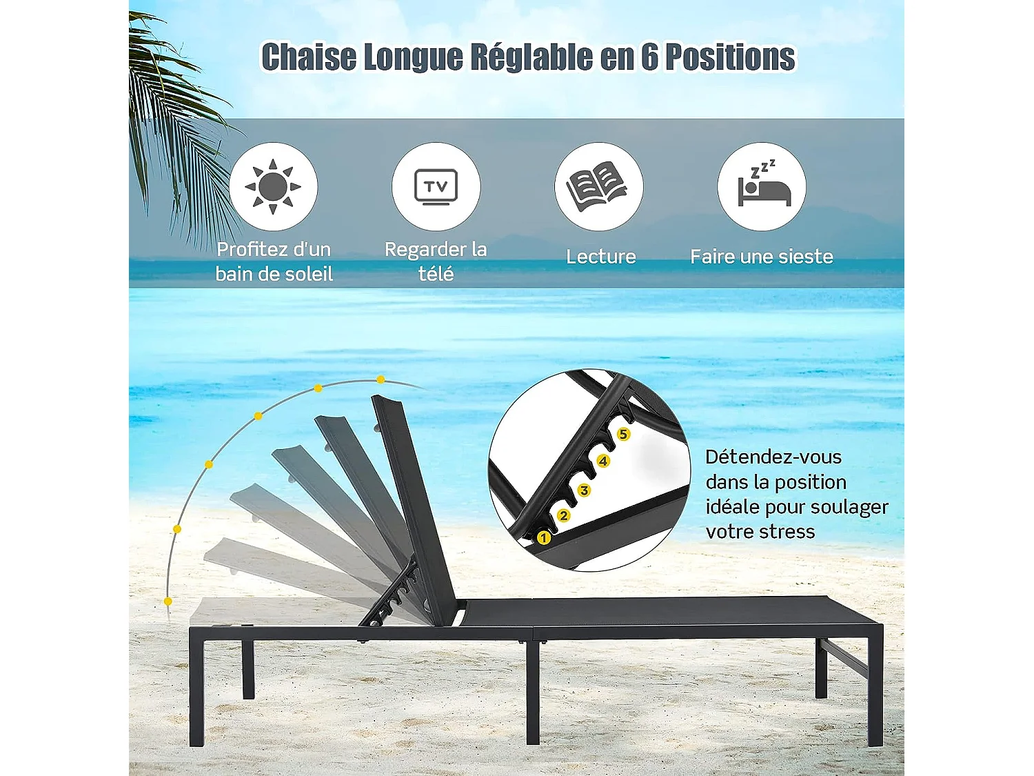 Ligstoel/tuinchaise longue - 5-positie verstelbare rugleuning in staal en stof voor zwembad, strand, terras, 198x63,5x35cm, belasting 150 kg, zwart