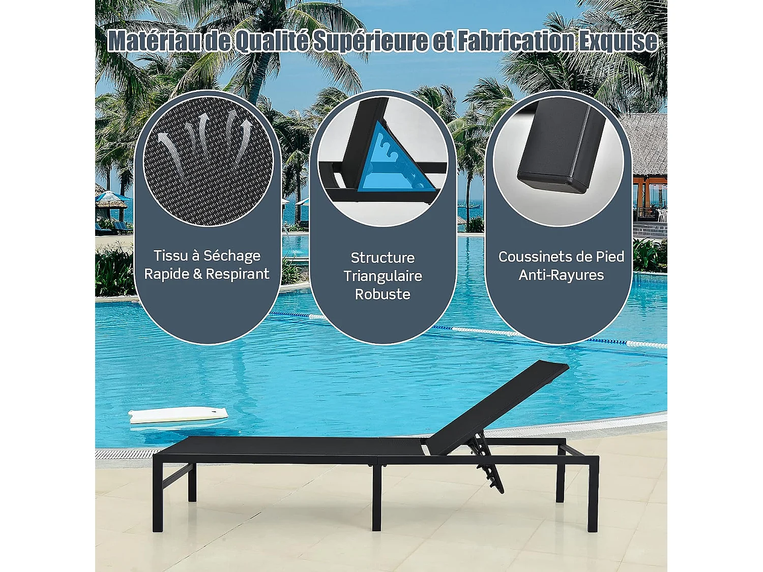 Ligstoel/tuinchaise longue - 5-positie verstelbare rugleuning in staal en stof voor zwembad, strand, terras, 198x63,5x35cm, belasting 150 kg, zwart