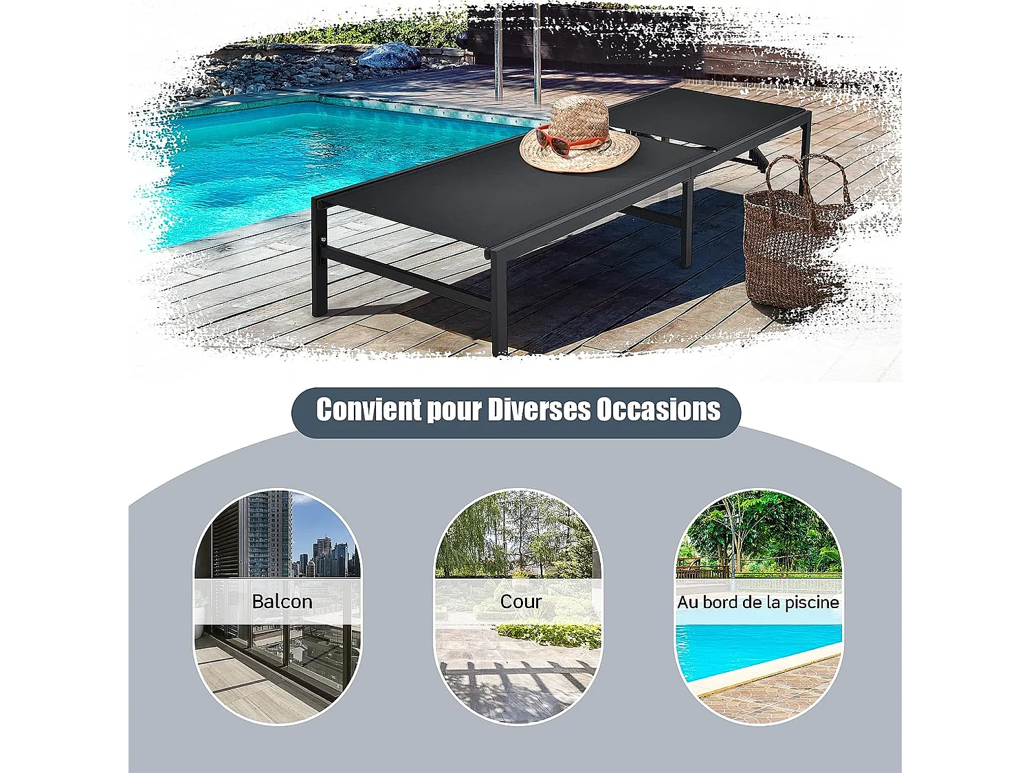 Ligstoel/tuinchaise longue - 5-positie verstelbare rugleuning in staal en stof voor zwembad, strand, terras, 198x63,5x35cm, belasting 150 kg, zwart