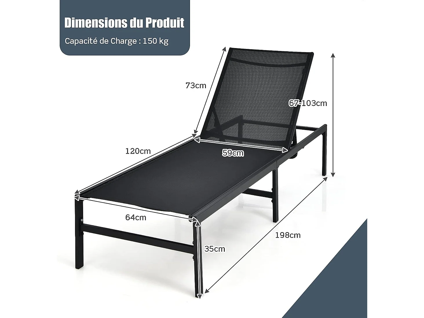 Ligstoel/tuinchaise longue - 5-positie verstelbare rugleuning in staal en stof voor zwembad, strand, terras, 198x63,5x35cm, belasting 150 kg, zwart