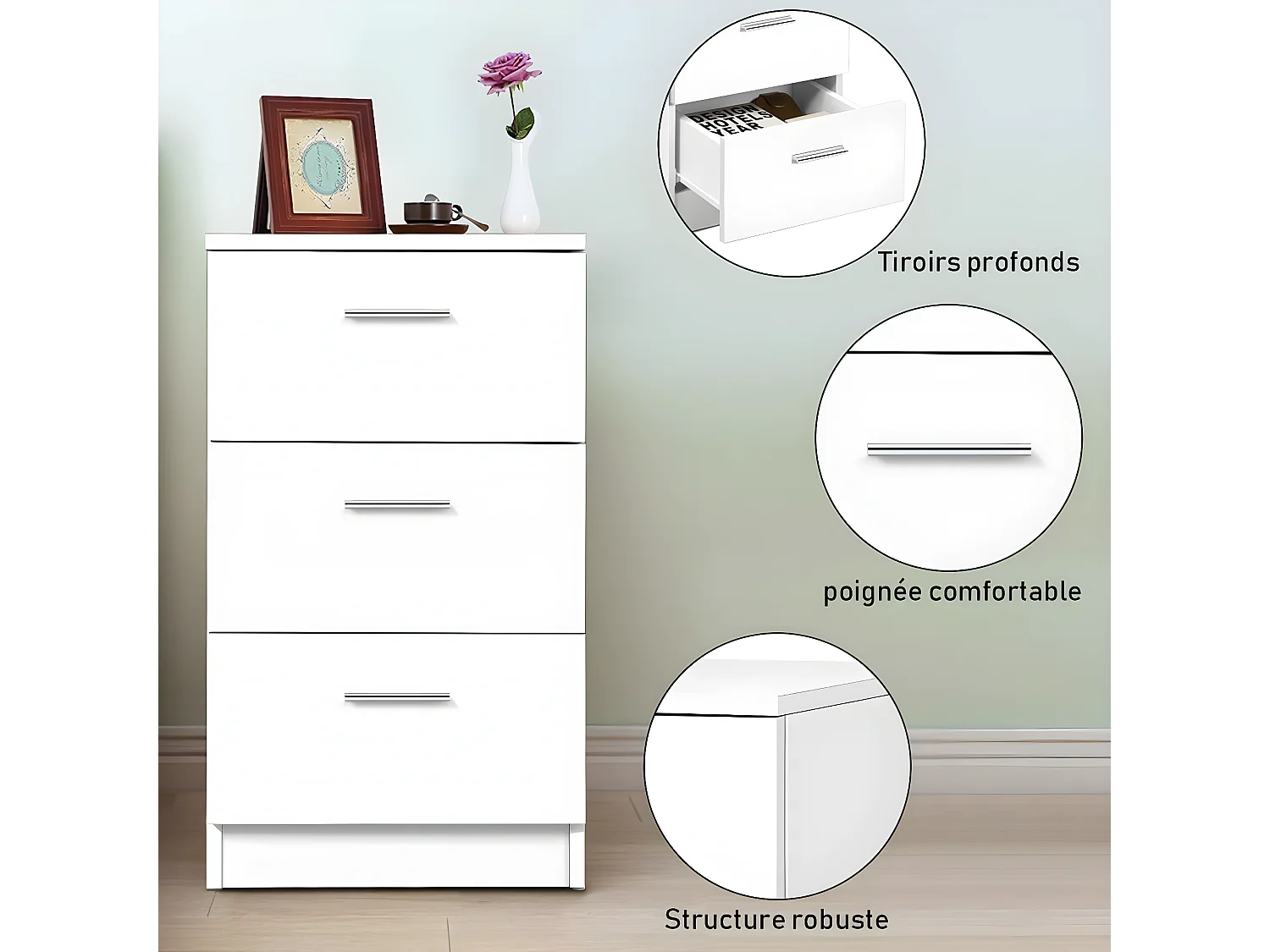 table de chevet table de nuit blanc en bois avec 3 tiroirs 35 x 38 x 67 cm