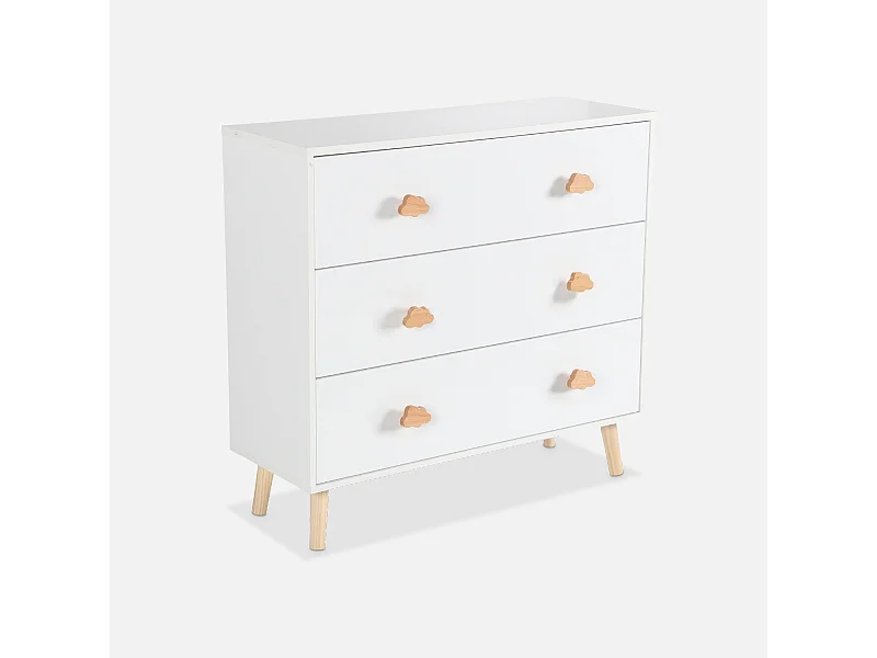 Commode enfant. décor bois. blanc. 3 tiroirs. pieds et poignées nuage en pin