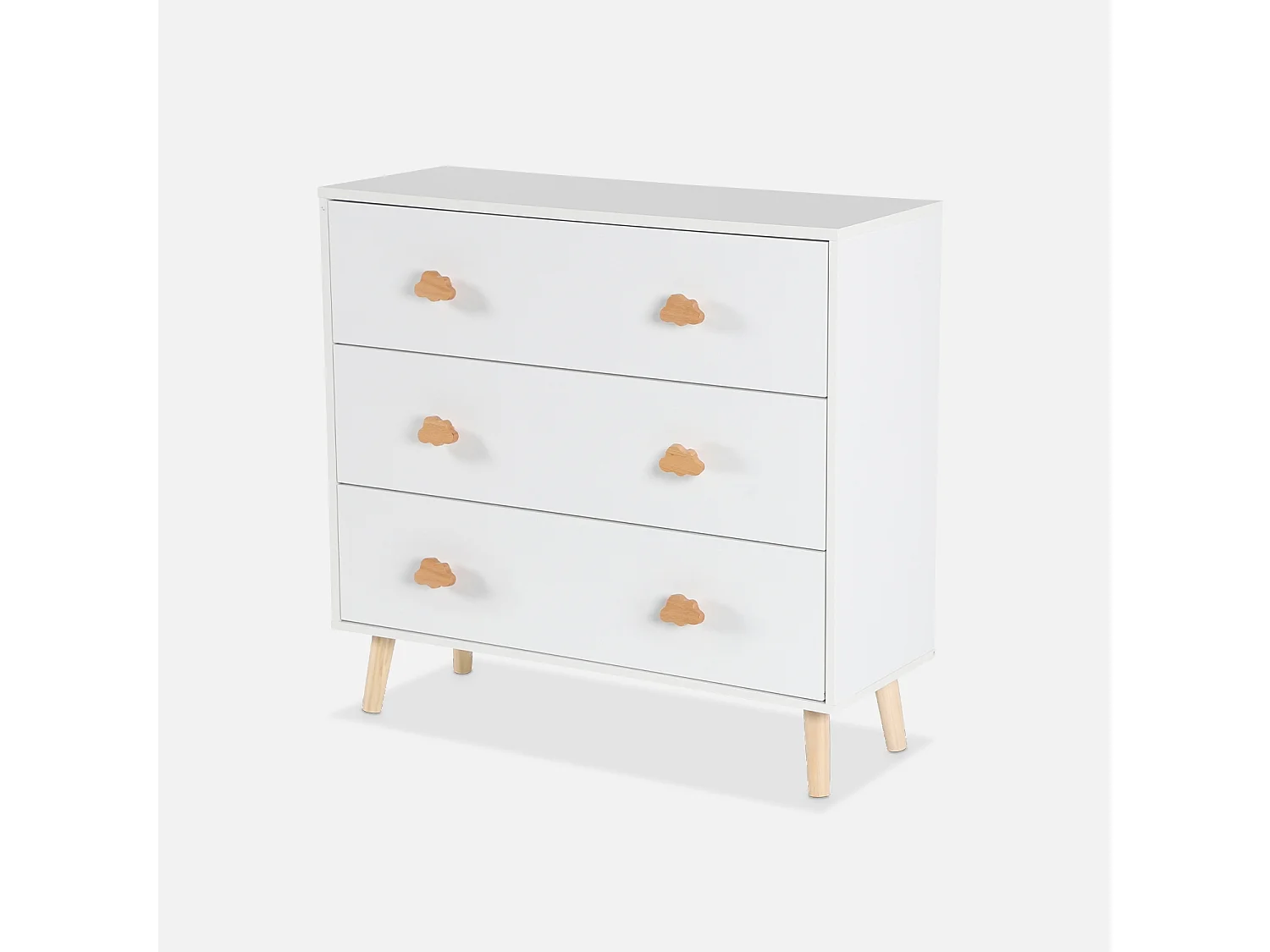 Commode enfant. décor bois. blanc. 3 tiroirs. pieds et poignées nuage en pin
