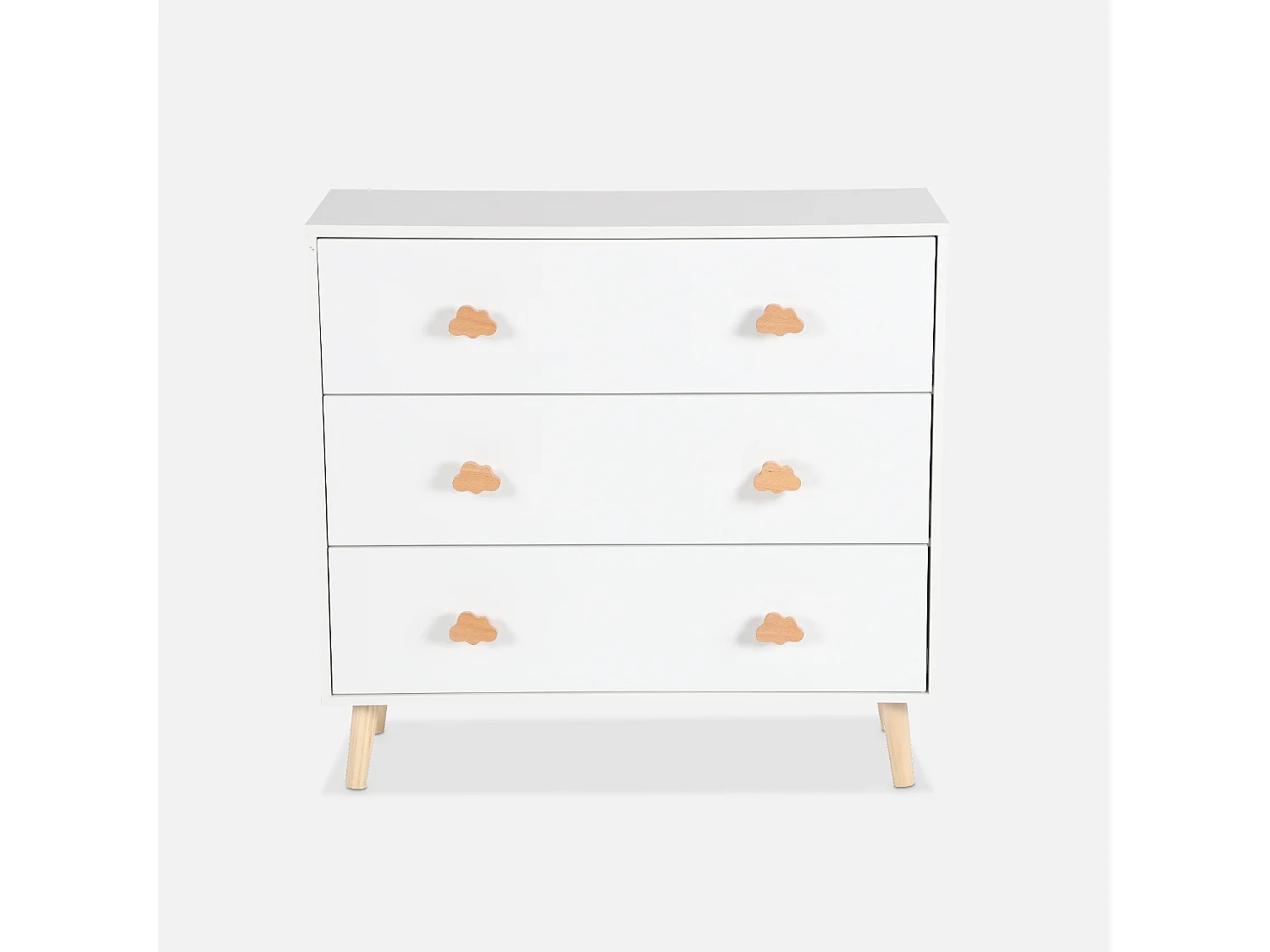 Commode enfant. décor bois. blanc. 3 tiroirs. pieds et poignées nuage en pin