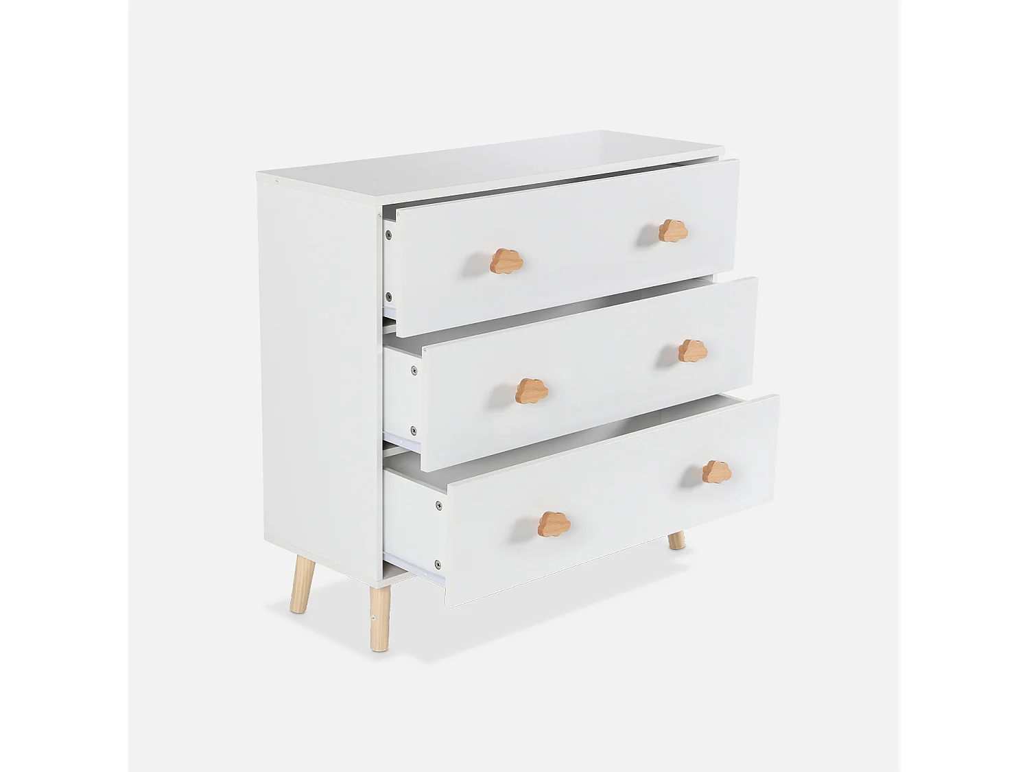 Commode enfant. décor bois. blanc. 3 tiroirs. pieds et poignées nuage en pin