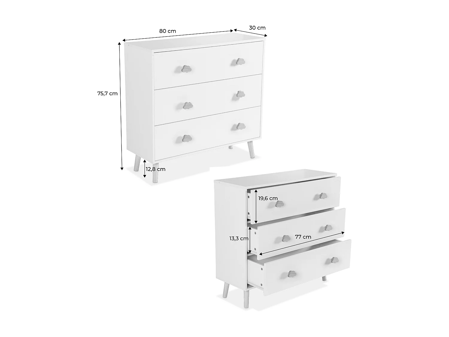 Commode enfant. décor bois. blanc. 3 tiroirs. pieds et poignées nuage en pin