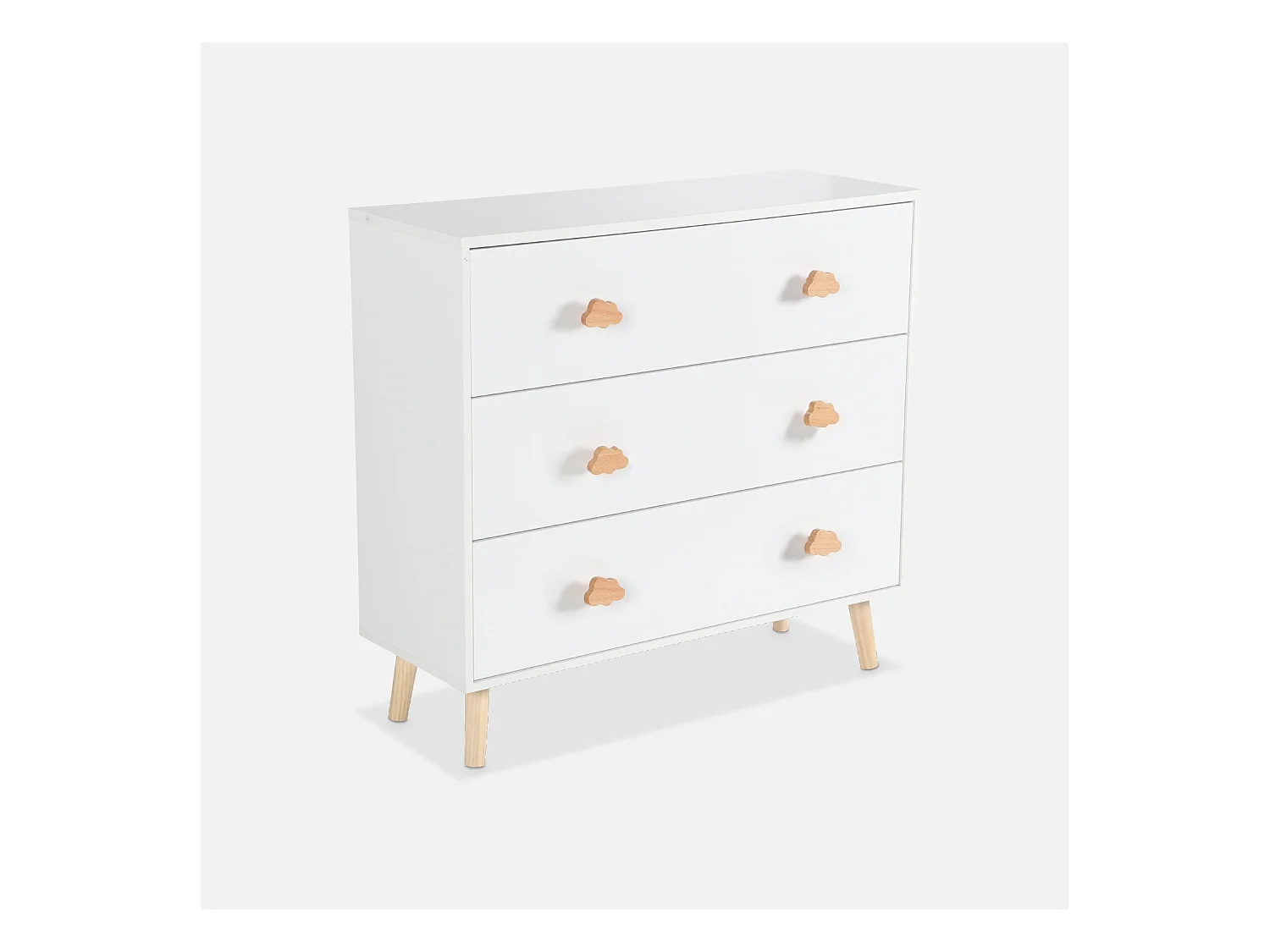 Commode enfant. décor bois. blanc. 3 tiroirs. pieds et poignées nuage en pin
