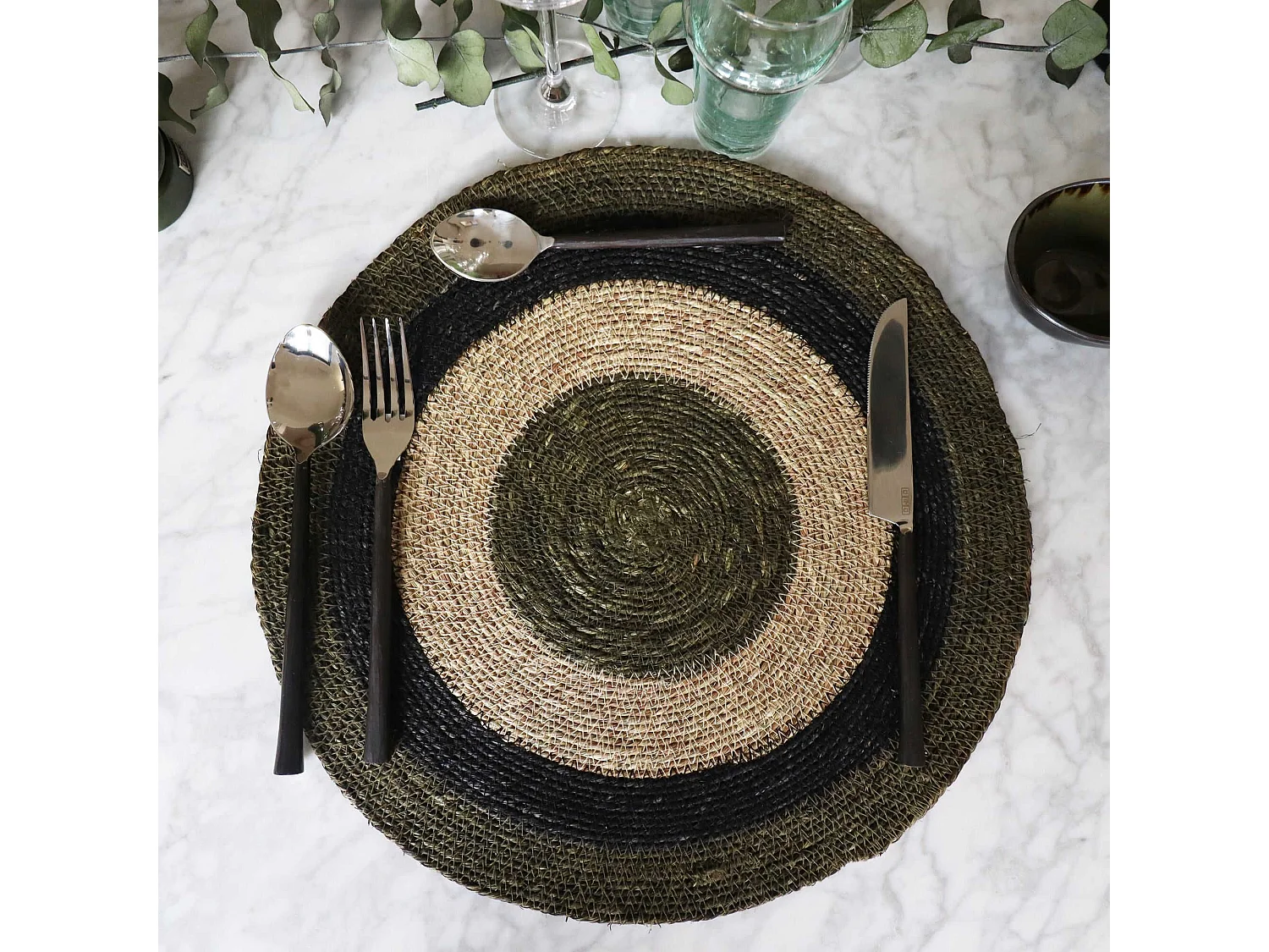 Now's Home - Lot 6 Sets De Table Rond En Jonc De Mer Naturel Et Vert  38cm Luna