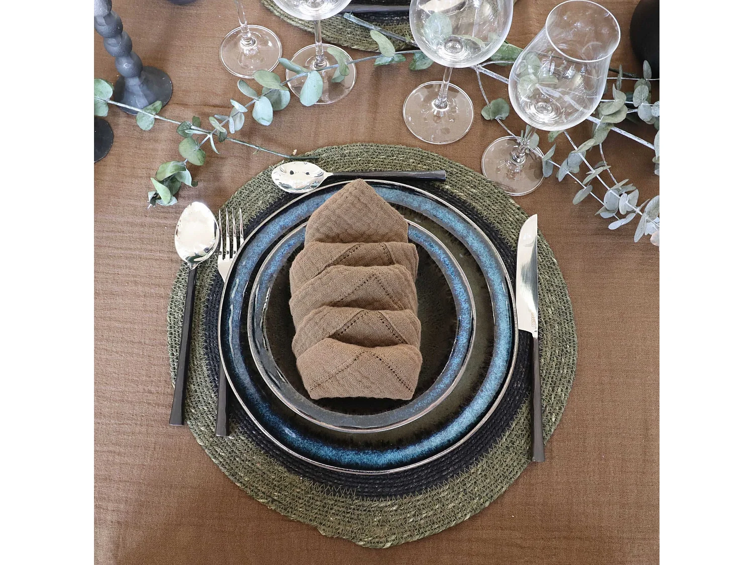 Now's Home - Lot 6 Sets De Table Rond En Jonc De Mer Naturel Et Vert  38cm Luna