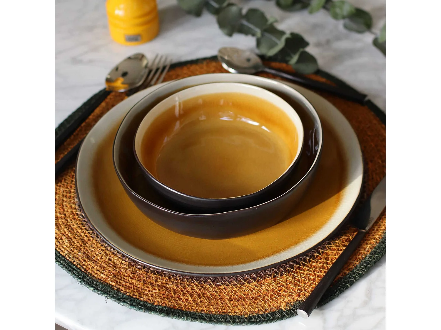 Now's Home - Lot 6 Sets De Table Rond En Jonc De Mer Naturel Et Terracotta  38cm Luna