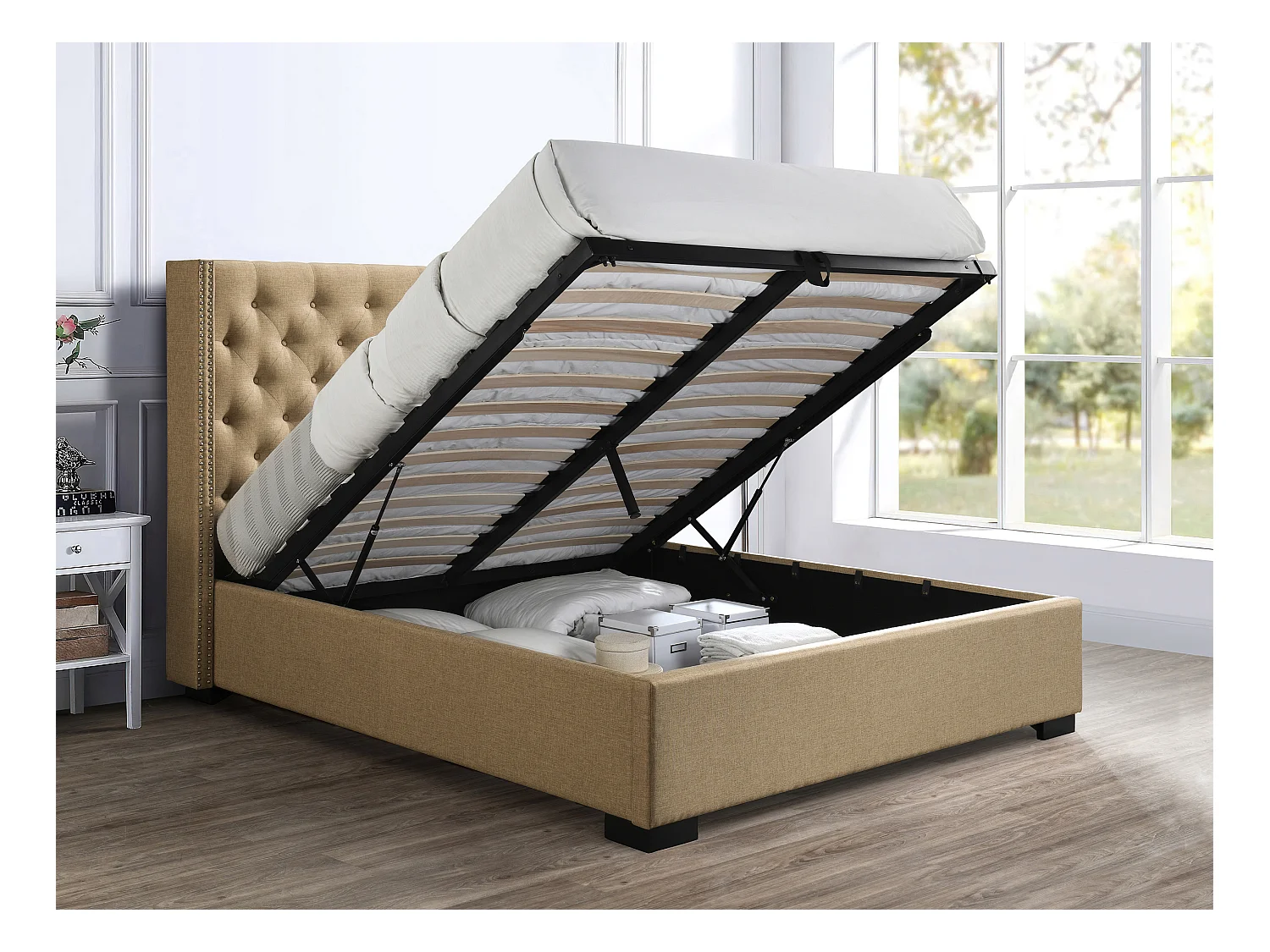 Lit coffre 180 x 200 cm avec tête de lit capitonnée - Tissu - Beige + Matelas - MASSIMO