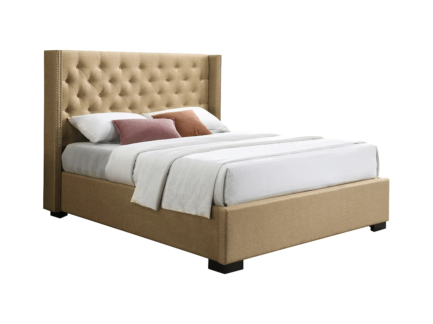 Lit coffre 180 x 200 cm avec tête de lit capitonnée - Tissu - Beige + Matelas - MASSIMO