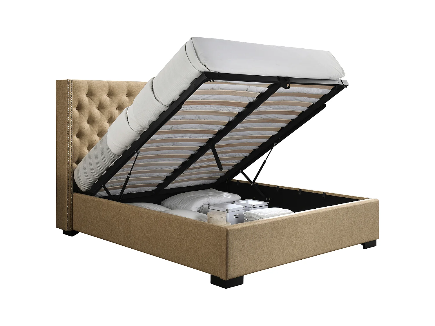 Lit coffre 180 x 200 cm avec tête de lit capitonnée - Tissu - Beige + Matelas - MASSIMO
