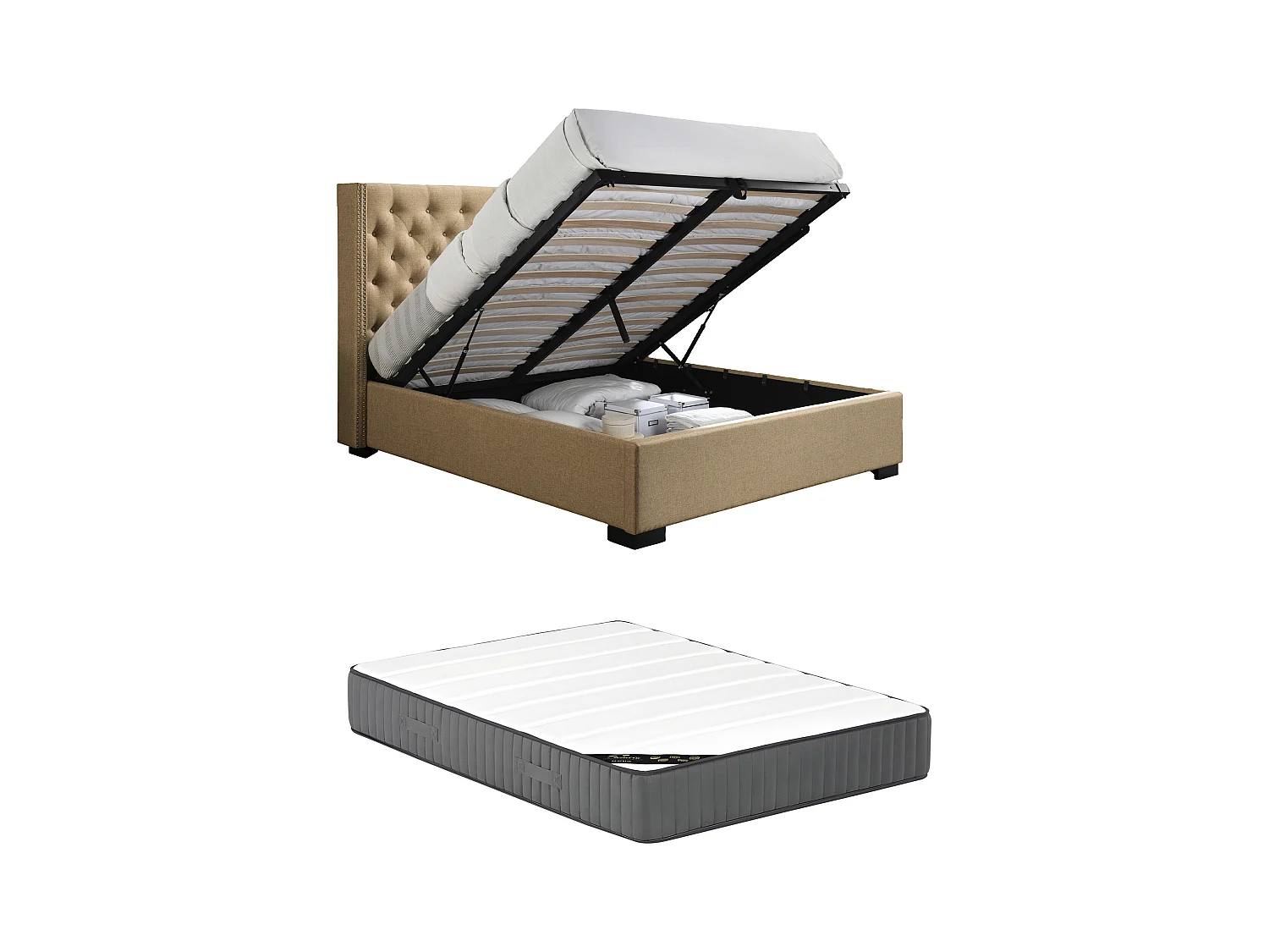 Lit coffre 180 x 200 cm avec tête de lit capitonnée - Tissu - Beige + Matelas - MASSIMO