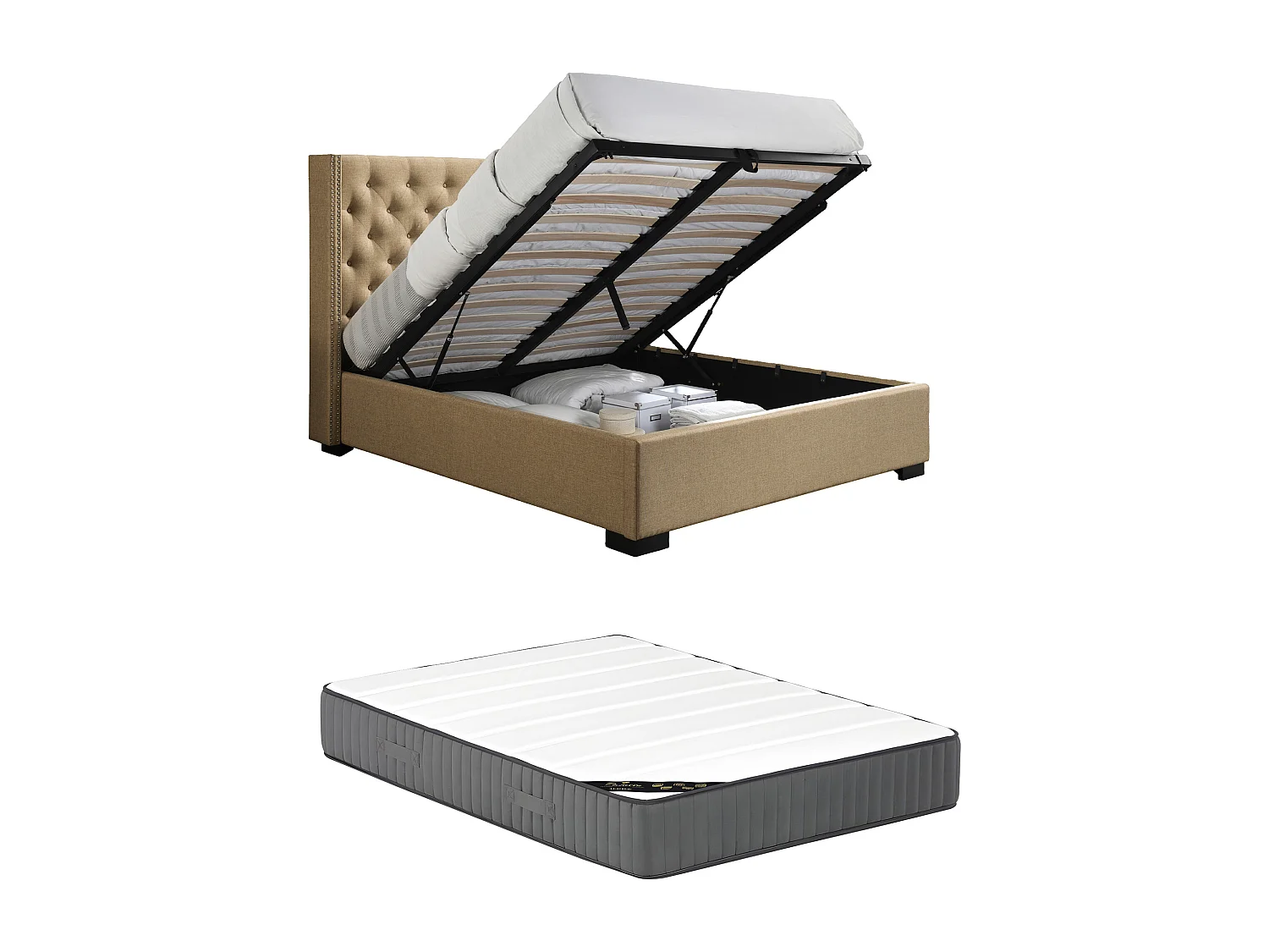 Canapé abatible 180 x 200 cm con cabecero capitoné - Tela - Beige + Colchón - MASSIMO