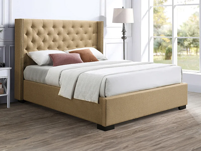 Lit coffre 180 x 200 cm avec tête de lit capitonnée - Tissu - Beige + Matelas - MASSIMO