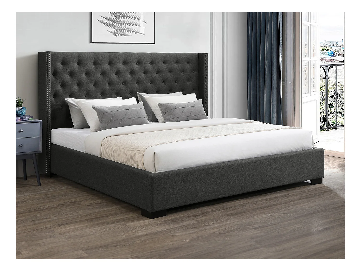 Lit coffre 200 x 200 cm avec tête de lit capitonnée - Tissu - Gris + Matelas - MASSIMO