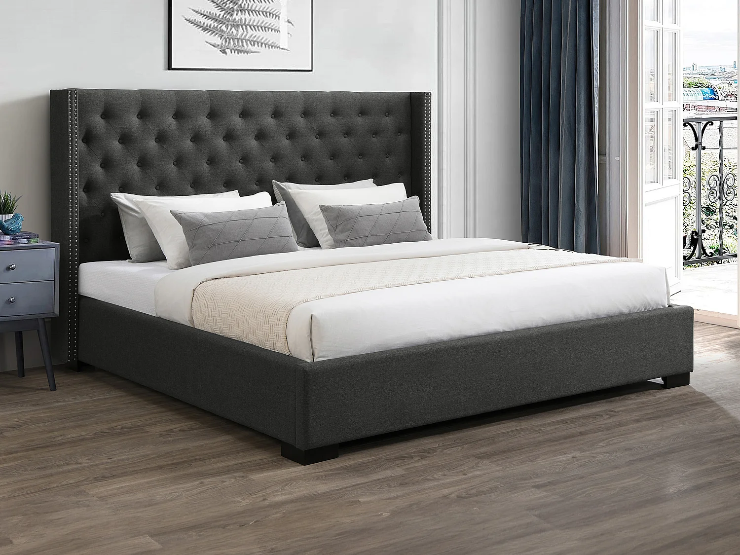 Lit coffre 200 x 200 cm avec tête de lit capitonnée - Tissu - Gris + Matelas - MASSIMO