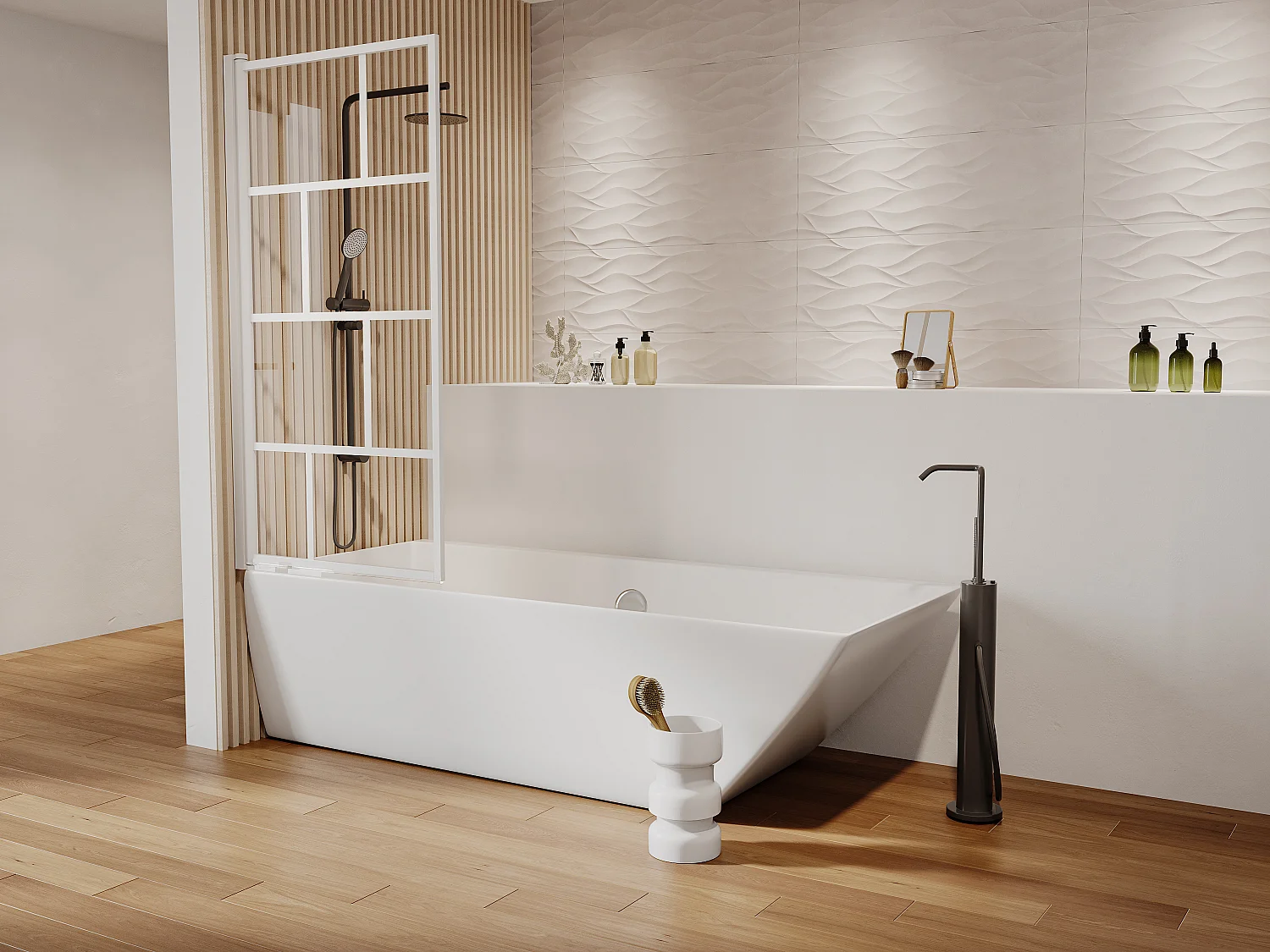 Pare baignoire pivotant style industriel - 70 x 140 cm - Blanc mat - Verre - RIVANON