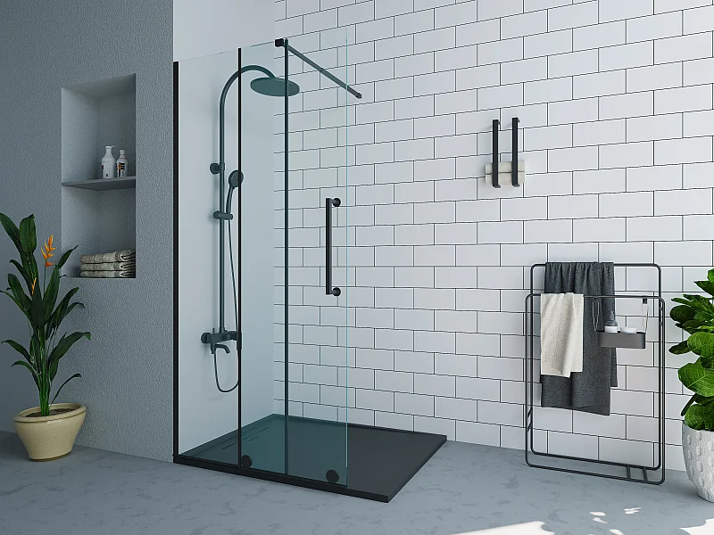 Duschtrennwand Seitenwand italienische Dusche mit Schiebetür - Metall - Industrial Style - Schwarz matt - 140 x 200 cm - YOREM