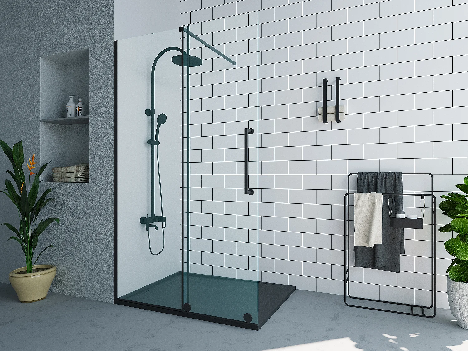 Paroi de douche à l'italienne avec porte coulissante en métal style industriel - Noir mat - 140 x 200 cm - YOREM