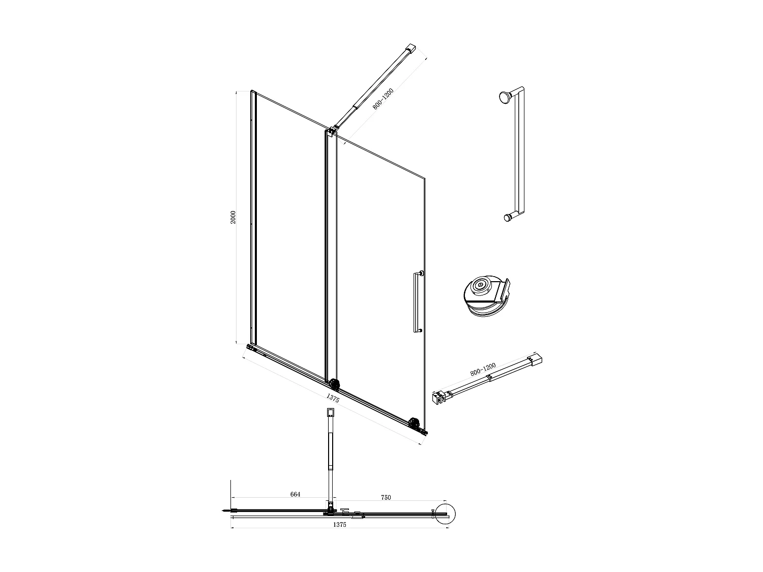 Painel de duche italiano com porta de correr em metal estilo industrial - Preto fosco - 140 x 200 cm - YOREM