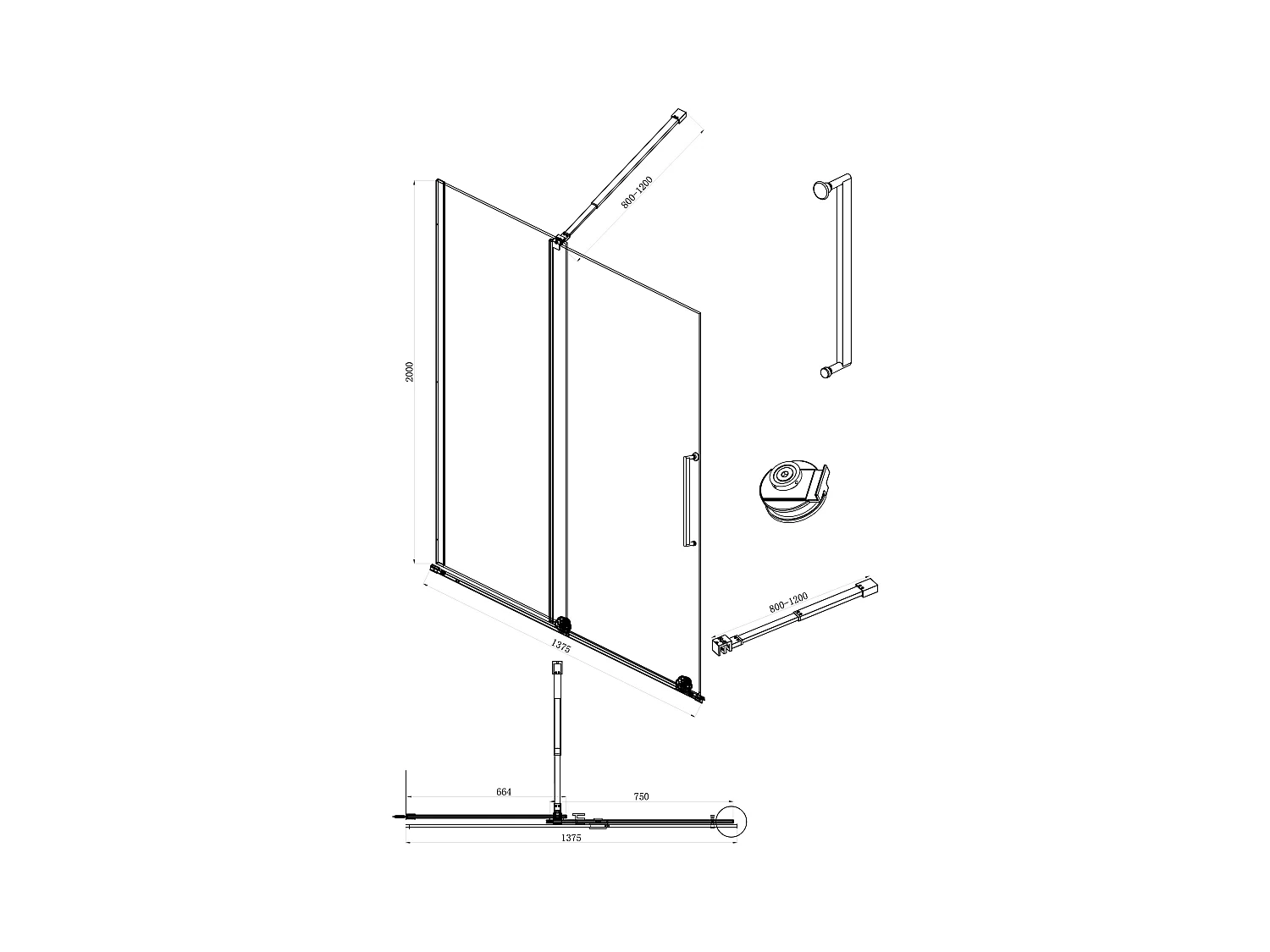 Mampara de ducha estilo industrial de cristal negro mate con puerta corredera de metal - 140 x 200 cm - YOREM