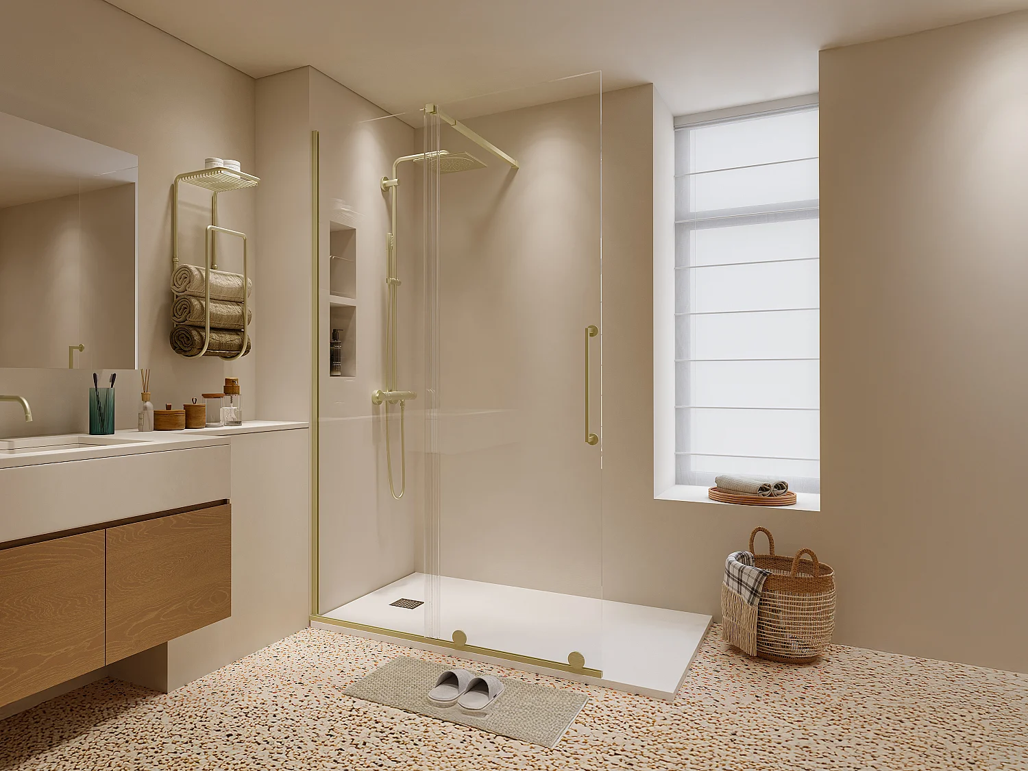Paroi de douche à l'italienne avec porte coulissante en métal style industriel - Doré - 120 x 200 cm - YOREM