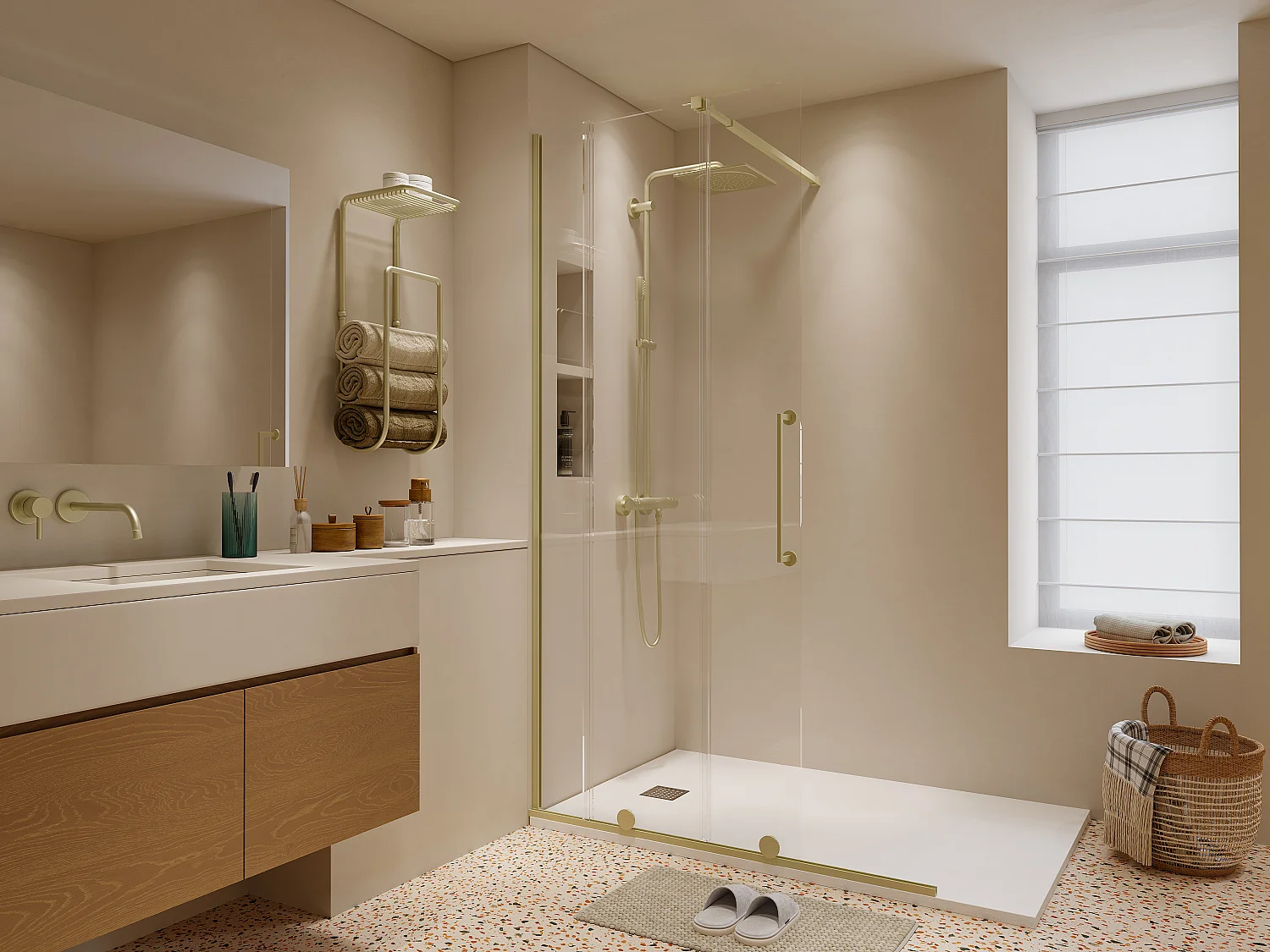 Painel de duche italiano com porta de correr em metal estilo industrial dourado 120 x 200 cm - YOREM