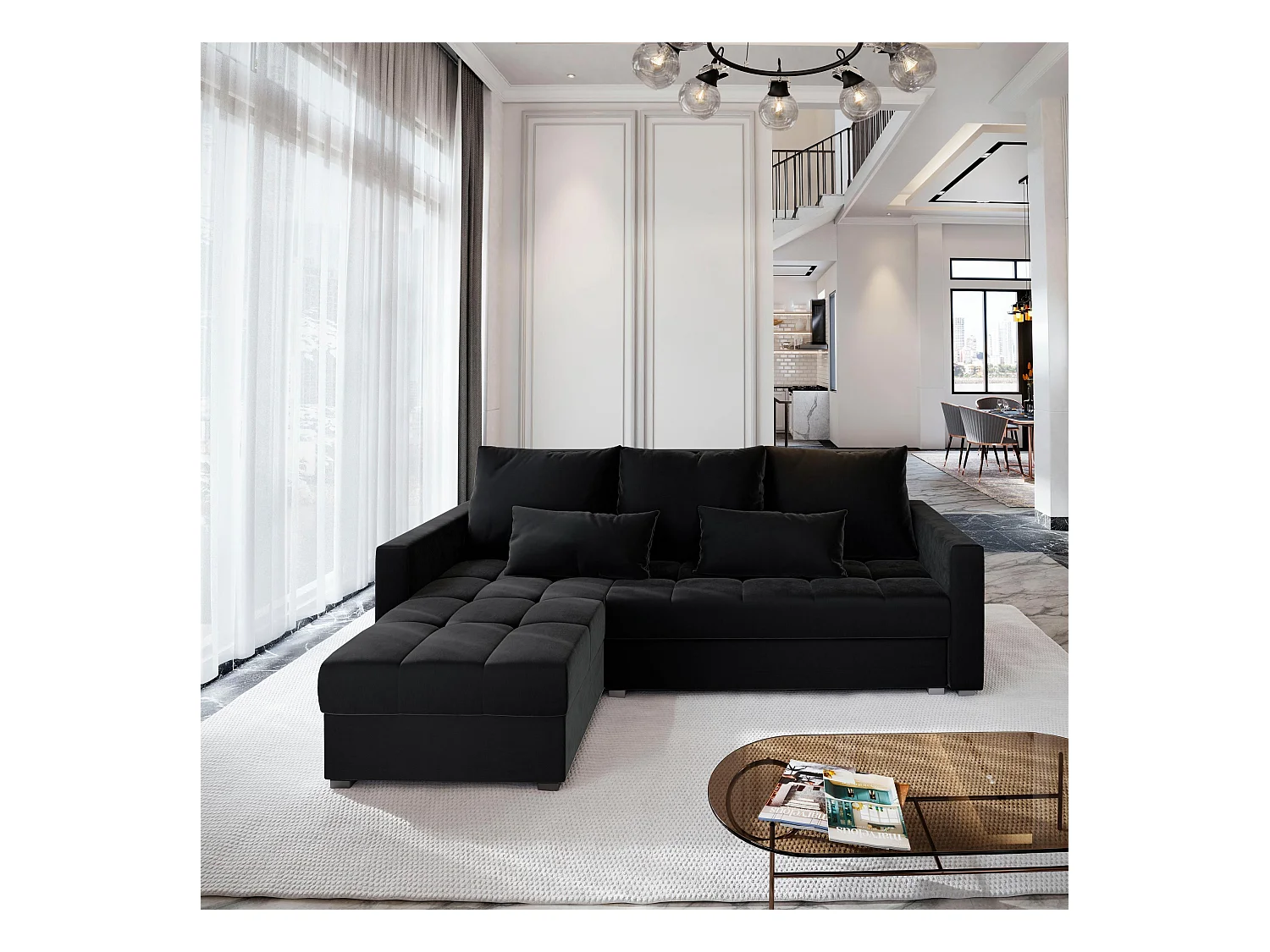 Canapé d'angle KOS PIK Noir en peluche avec fonction de couchage